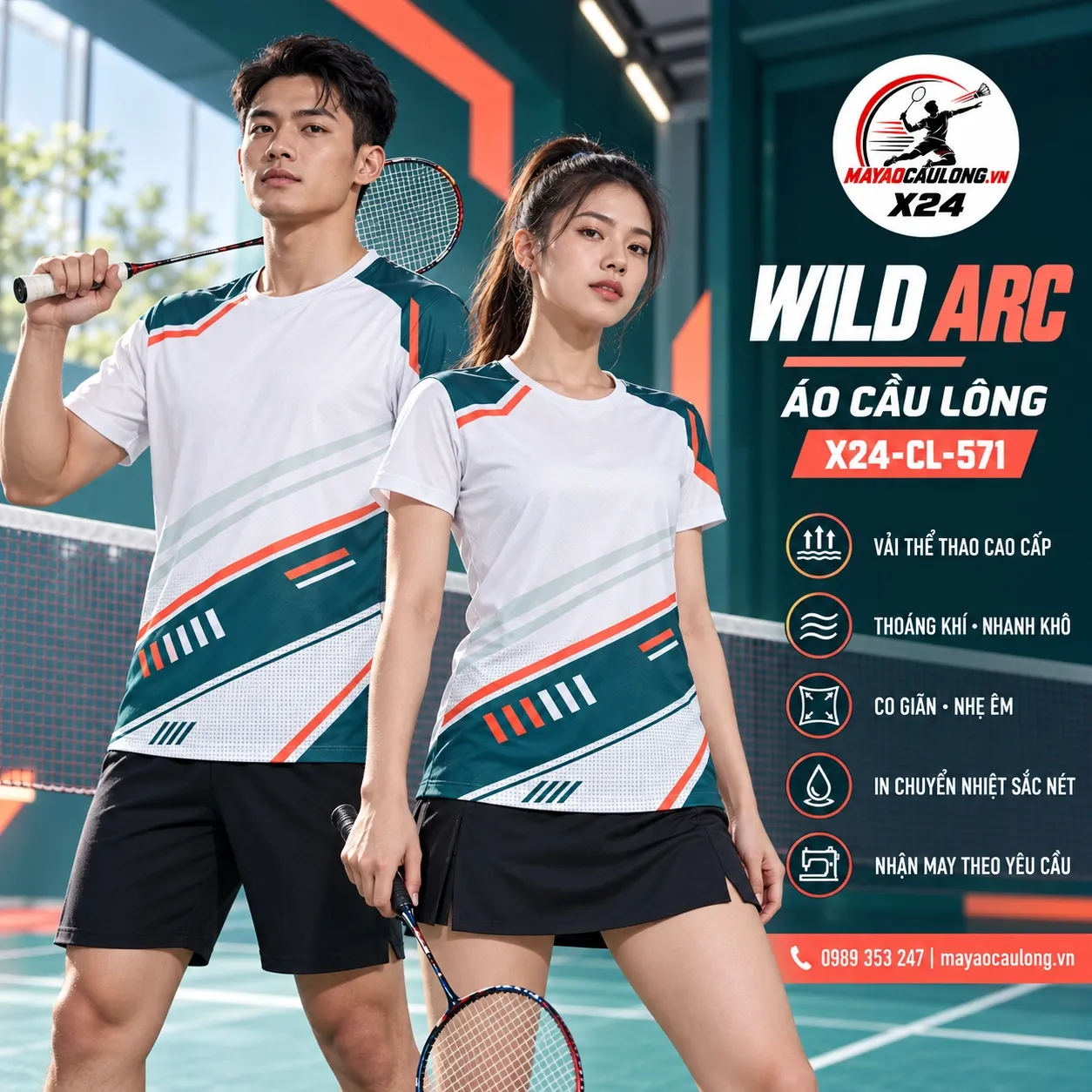 Áo cầu lông Wild Arc phối trắng / xanh teal cho đội và câu lạc bộ