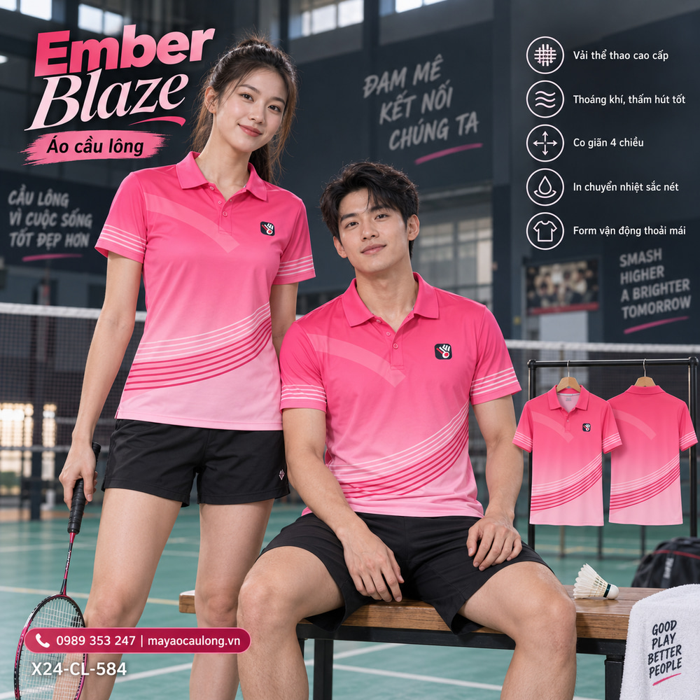 Áo cầu lông Ember Blaze màu hồng chuyển sắc, cổ trụ tay ngắn, họa tiết sọc cong cho nam và nữ