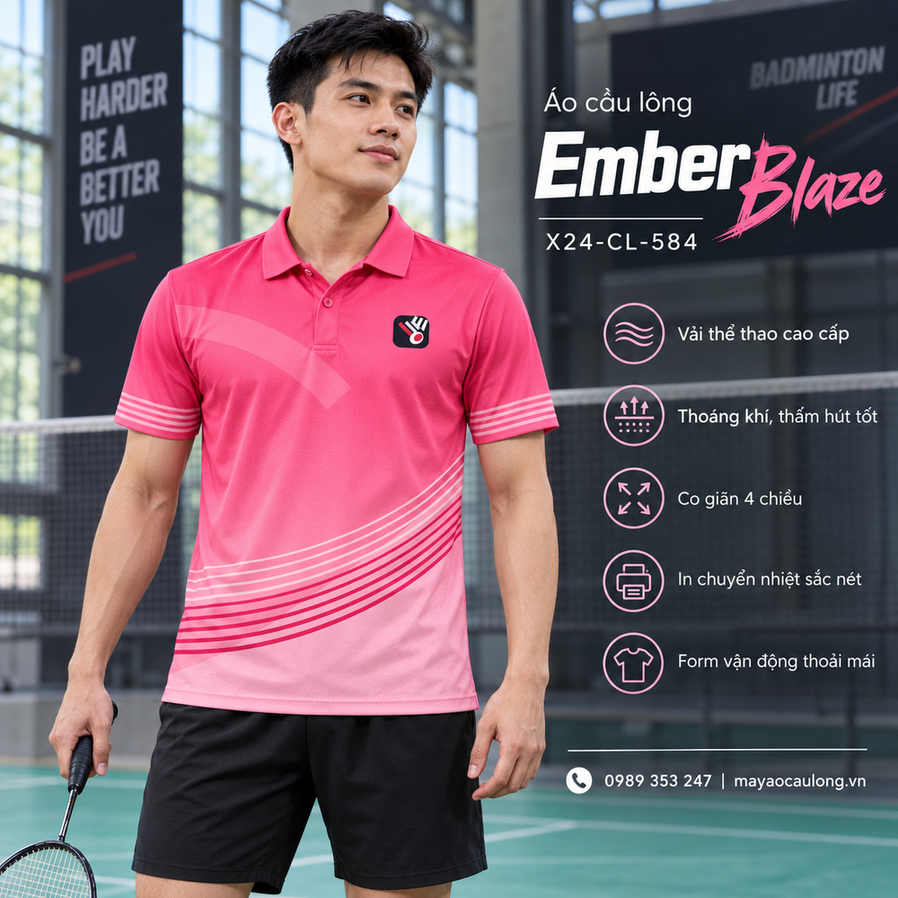 Áo cầu lông Ember Blaze màu hồng chuyển sắc, cổ trụ tay ngắn với sọc cong, người mẫu nam