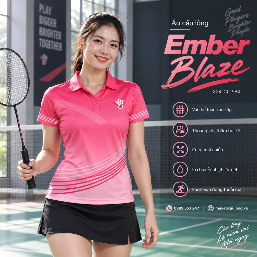 Áo cầu lông Ember Blaze màu hồng chuyển sắc, cổ trụ tay ngắn với sọc cong, người mẫu nữ