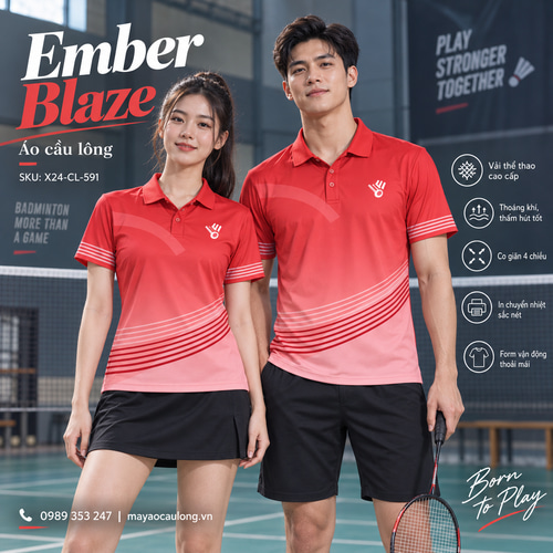 Áo cầu lông Ember Blaze màu đỏ chuyển sắc, cổ trụ tay ngắn với sọc cong, cùng thiết kế cho nam nữ