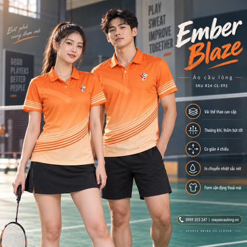 Áo cầu lông Ember Blaze màu cam chuyển sắc, cổ trụ tay ngắn với sọc cong, cùng thiết kế cho nam nữ