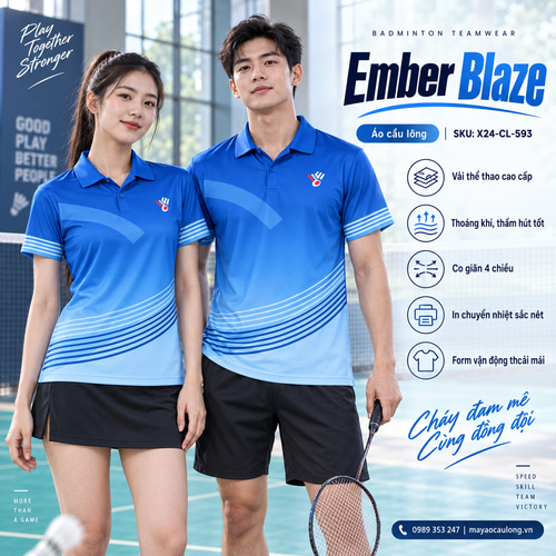 Áo cầu lông Ember Blaze màu xanh bích chuyển sắc, cổ trụ tay ngắn với sọc cong, cùng thiết kế cho nam nữ