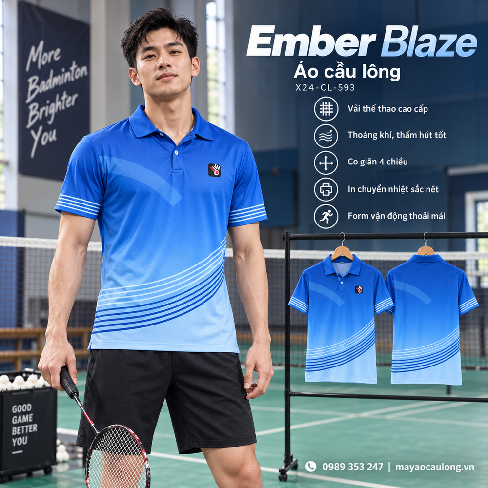 Áo cầu lông Ember Blaze màu xanh bích chuyển sắc, cổ trụ tay ngắn với sọc cong, người mẫu nam
