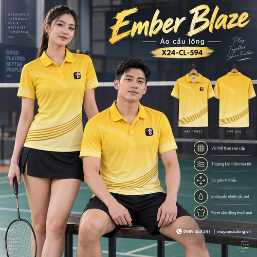 Áo cầu lông Ember Blaze màu vàng chuyển sắc, cổ trụ tay ngắn với sọc cong, cùng thiết kế cho nam nữ