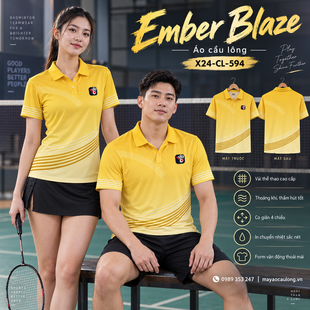 Áo cầu lông Ember Blaze màu vàng chuyển sắc, cổ trụ tay ngắn với sọc cong, cùng thiết kế cho nam nữ