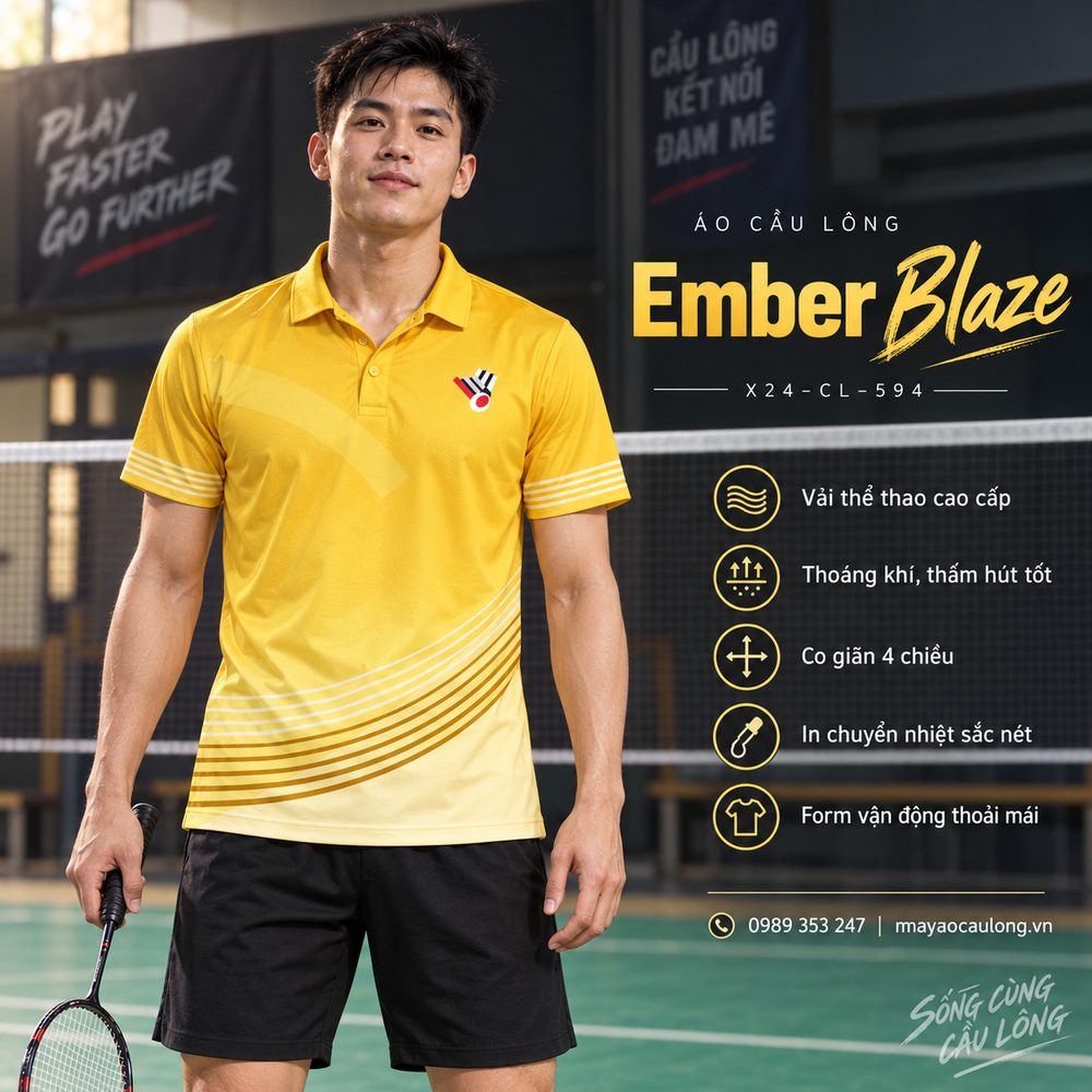 Áo cầu lông Ember Blaze màu vàng chuyển sắc, cổ trụ tay ngắn với sọc cong, người mẫu nam