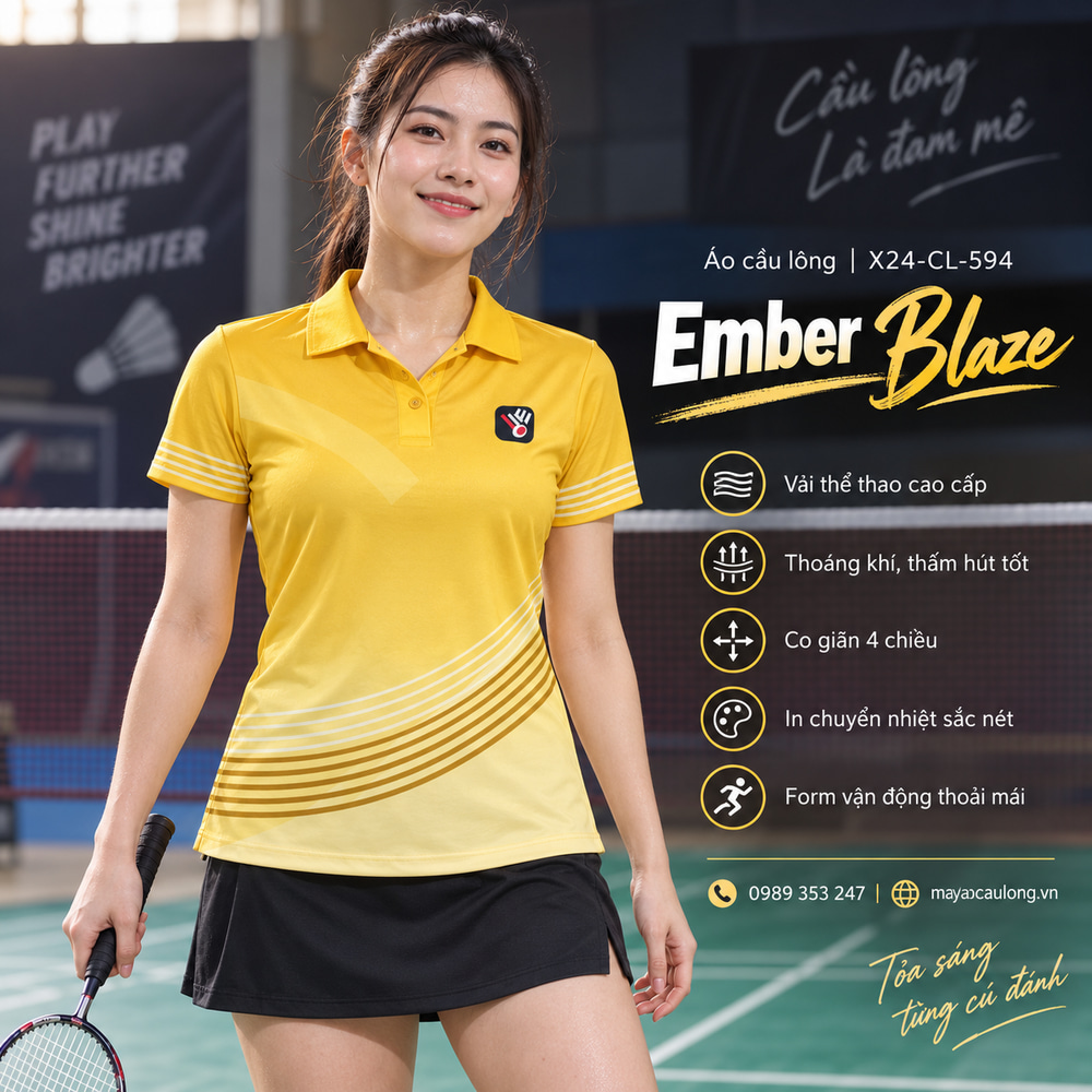Áo cầu lông Ember Blaze màu vàng chuyển sắc, cổ trụ tay ngắn với sọc cong, người mẫu nữ