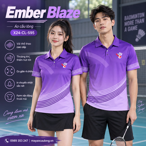 Áo cầu lông Ember Blaze màu tím chuyển sắc, cổ trụ tay ngắn với sọc cong, cùng thiết kế cho nam nữ