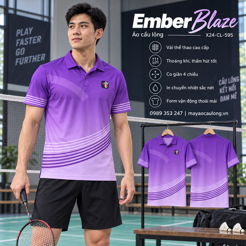 Áo cầu lông Ember Blaze màu tím chuyển sắc, cổ trụ tay ngắn với sọc cong, người mẫu nam