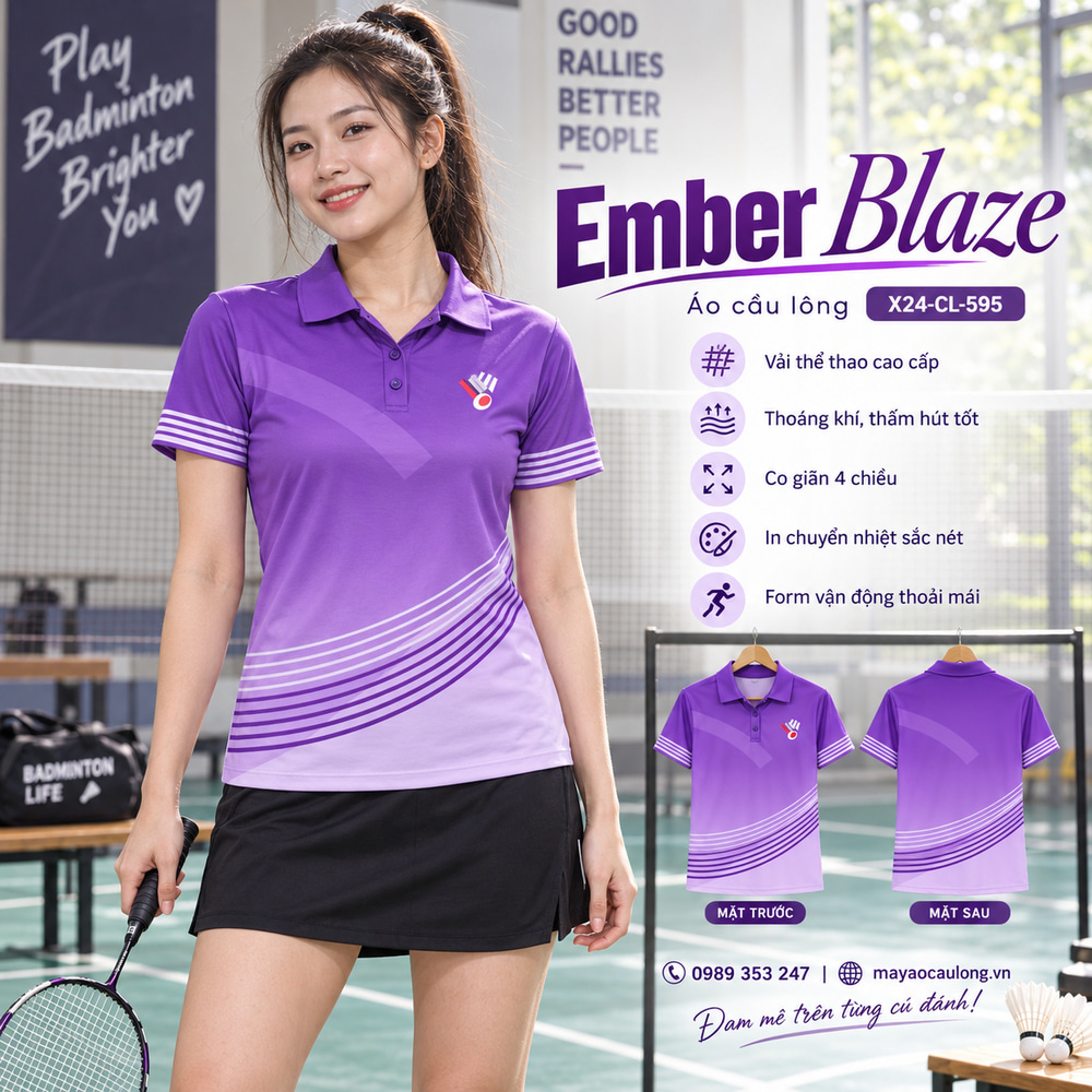 Áo cầu lông Ember Blaze màu tím chuyển sắc, cổ trụ tay ngắn với sọc cong, người mẫu nữ