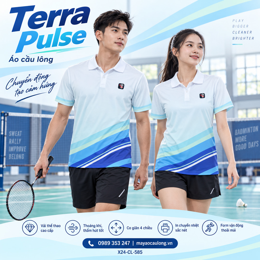 Áo cầu lông Terra Pulse trắng xanh, cổ trụ tay ngắn với dải màu chéo cho nam và nữ