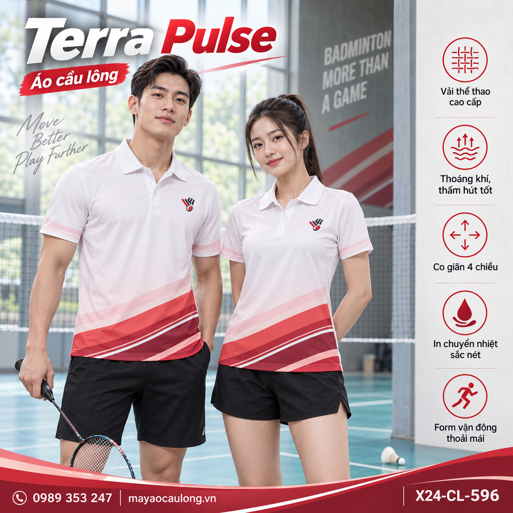 Áo cầu lông Terra Pulse trắng đỏ, cổ trụ tay ngắn với dải màu chéo cho nam và nữ
