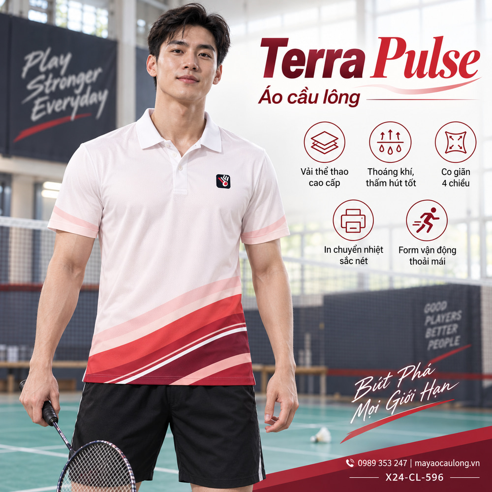 Áo cầu lông Terra Pulse trắng đỏ cho nam, cổ trụ tay ngắn với dải màu chéo