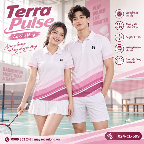 Áo cầu lông Terra Pulse trắng hồng, cổ trụ tay ngắn với dải màu chéo cho nam và nữ
