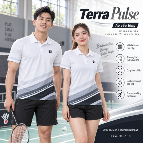 Áo cầu lông Terra Pulse trắng đen, cổ trụ tay ngắn với dải màu chéo cho nam và nữ