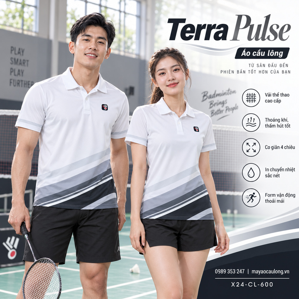 Áo cầu lông Terra Pulse trắng đen, cổ trụ tay ngắn với dải màu chéo cho nam và nữ