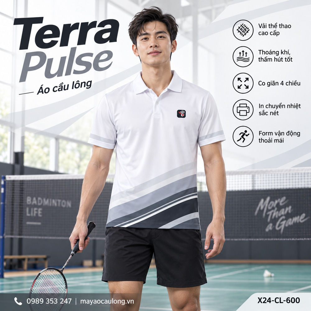 Áo cầu lông Terra Pulse trắng đen cho nam, cổ trụ tay ngắn với dải màu chéo