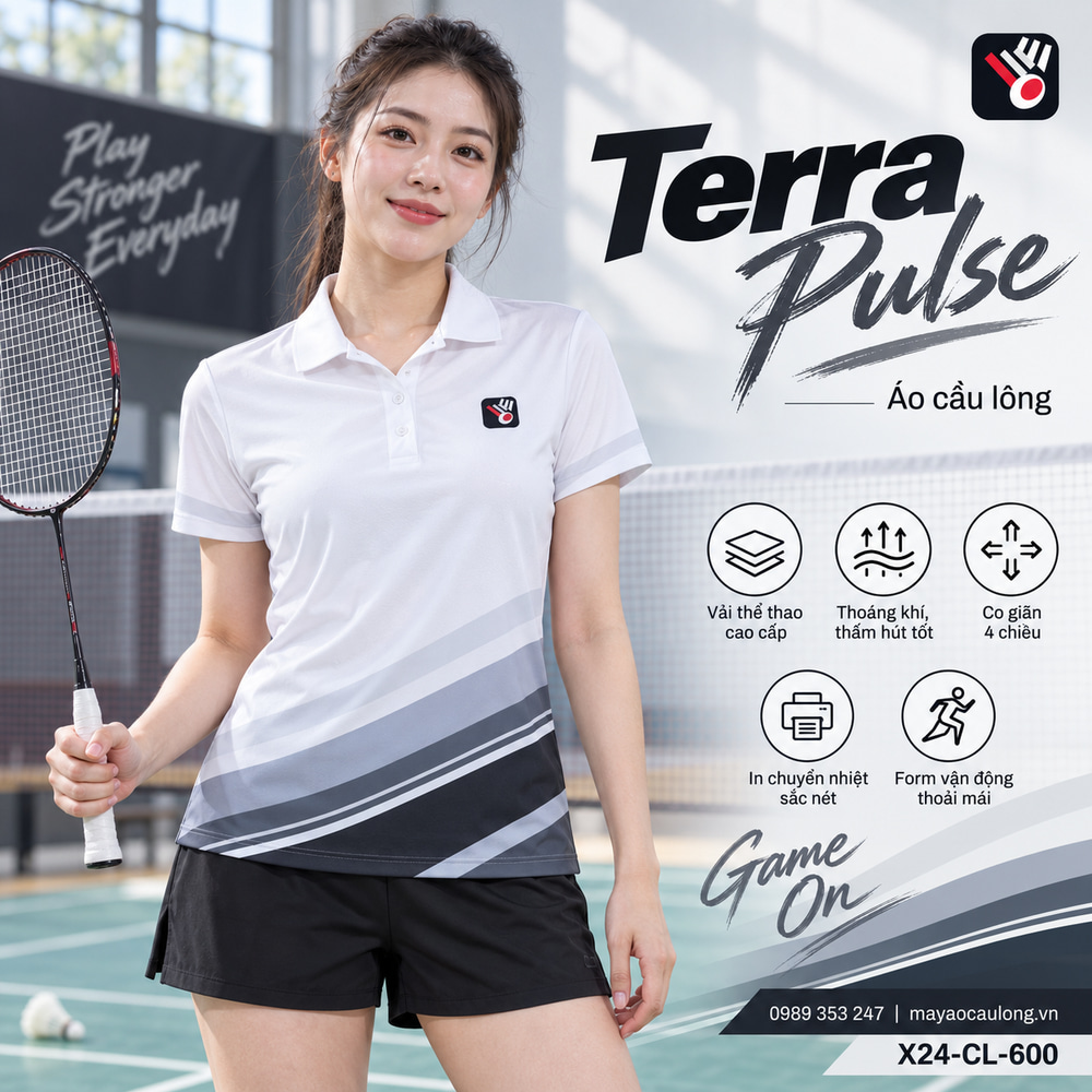 Áo cầu lông Terra Pulse trắng đen cho nữ, cổ trụ tay ngắn với dải màu chéo