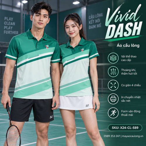 Áo cầu lông Vivid Dash cổ trụ tay ngắn phối trắng xanh ve chai, dải chéo thẳng trên nam và nữ