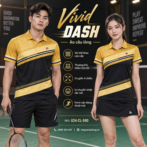 Áo cầu lông Vivid Dash cổ trụ tay ngắn phối đen vàng, dải chéo thẳng trên nam và nữ