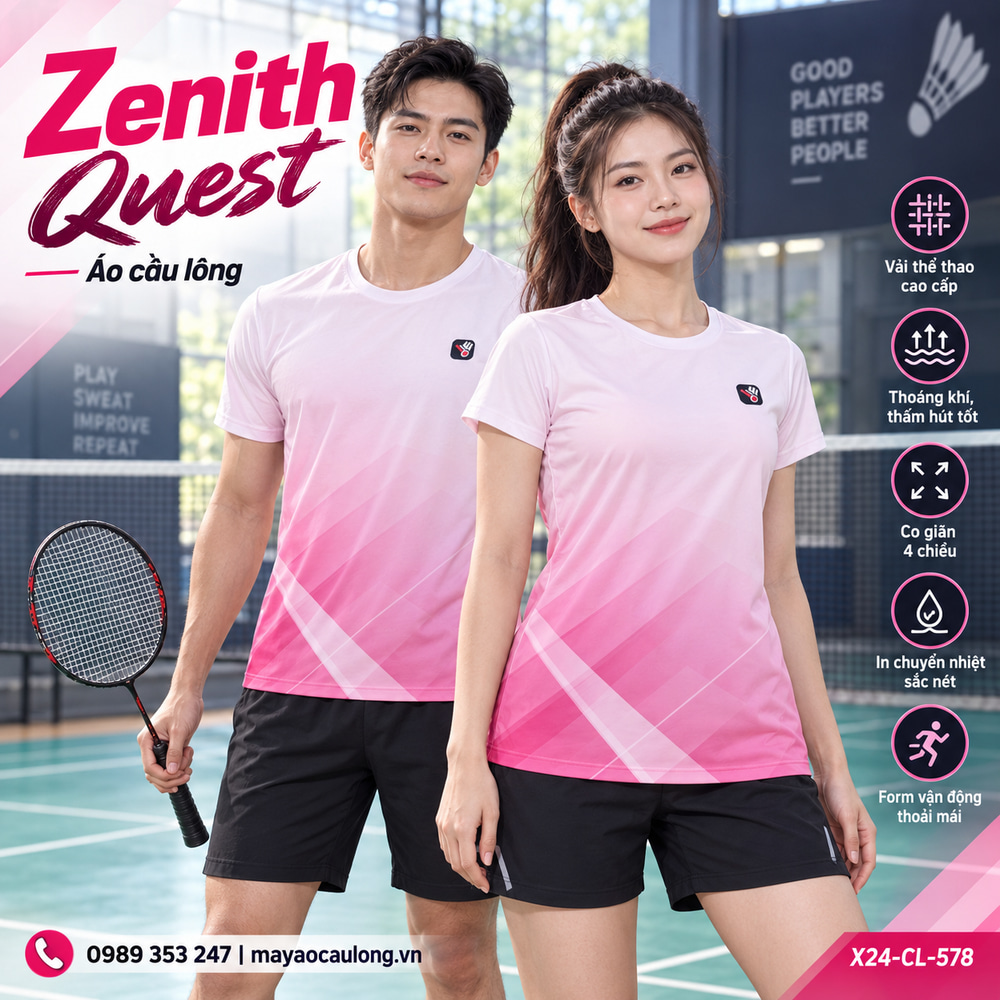Áo cầu lông Zenith Quest trắng hồng cổ tròn tay ngắn trên sân cầu lông