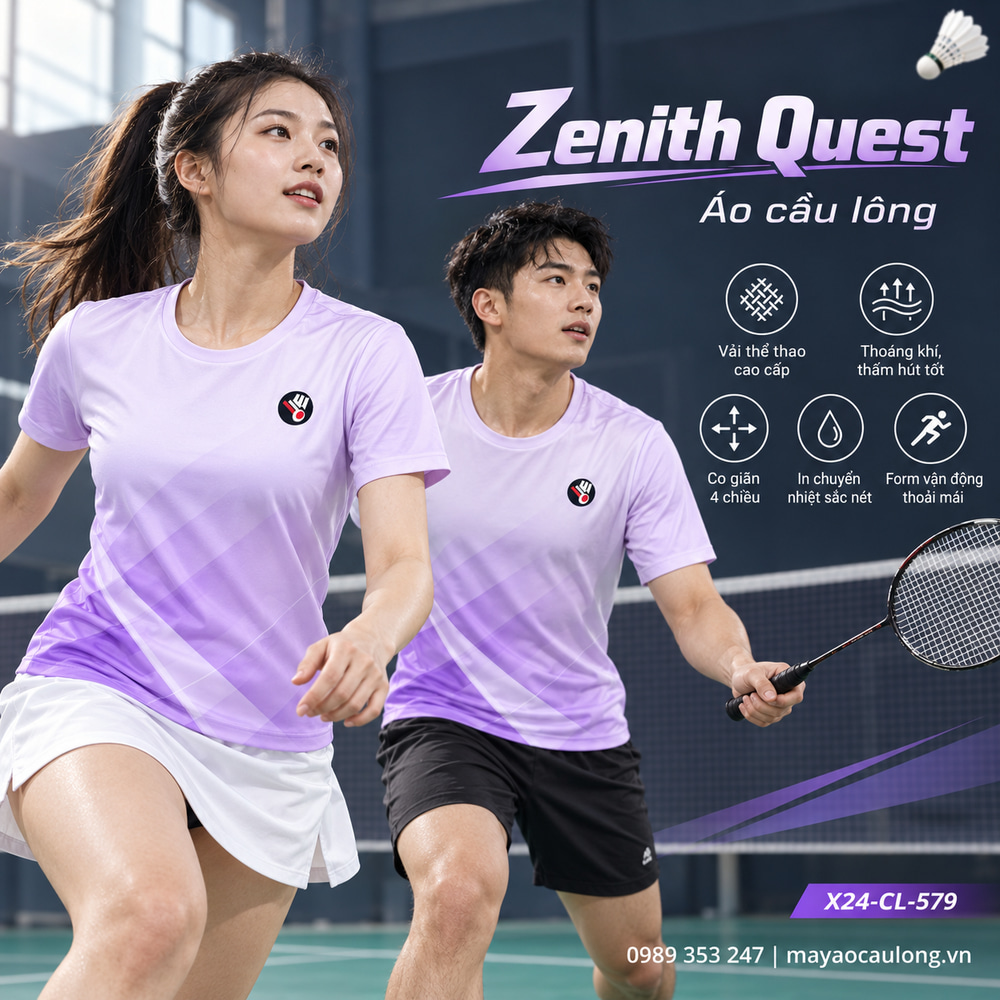 Áo cầu lông Zenith Quest trắng tím cổ tròn tay ngắn trên sân cầu lông