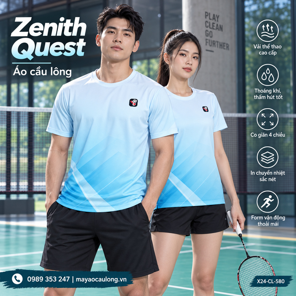 Áo cầu lông Zenith Quest trắng xanh thiên thanh cổ tròn tay ngắn trên sân cầu lông
