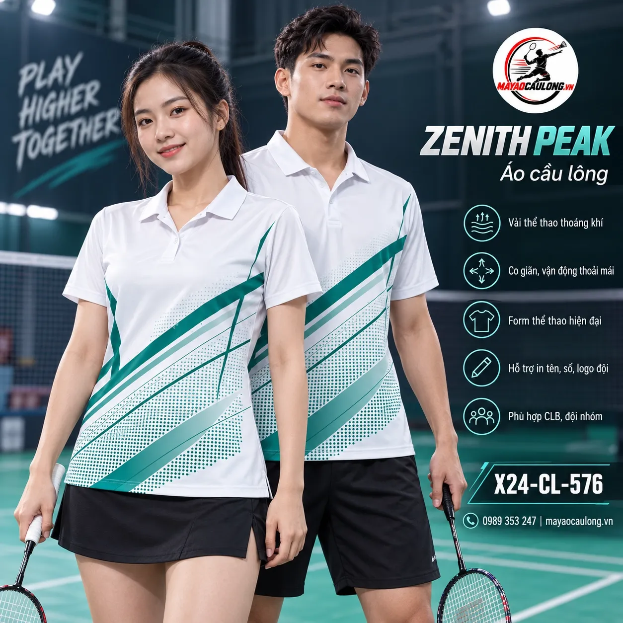 Áo cầu lông cổ trụ tay ngắn trắng xanh ngọc họa tiết tia chéo X24-CL-576