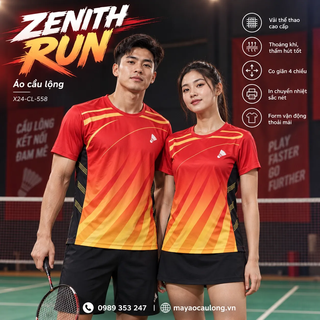 Mẫu áo cầu lông Zenith Run phối đỏ, cam, vàng, phù hợp tùy chỉnh logo và tên số cho đội.