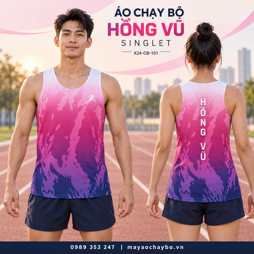 Áo chạy bộ Hồng Vũ singlet khoét nách sâu