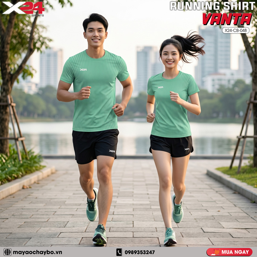 Áo Chạy Bộ Nam Nữ PND – Màu Xanh Ngọc Sọc Trẻ Trung