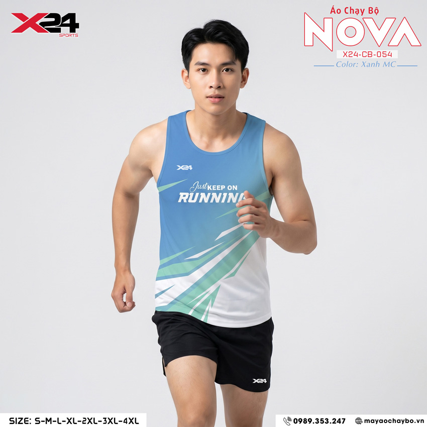 Áo Chạy Bộ PND Xanh Dương Phối Trắng Xanh Lá – Thiết Kế Không Tay Thoáng Mát