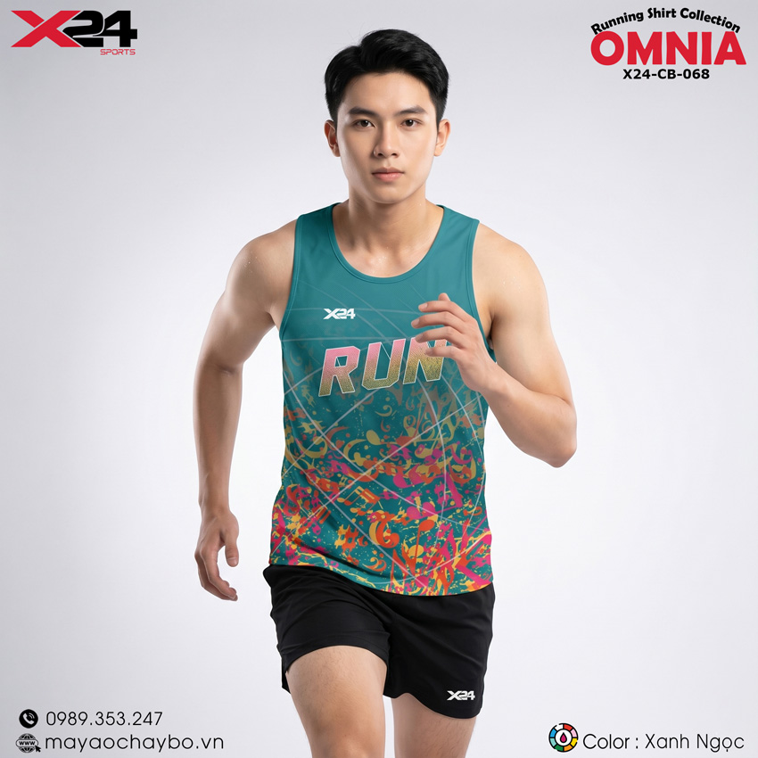 Áo Chạy Bộ PND Kiểu 2 Màu Xanh Ngọc – Họa Tiết Sặc Sỡ Dòng Chữ RUN Nổi Bật