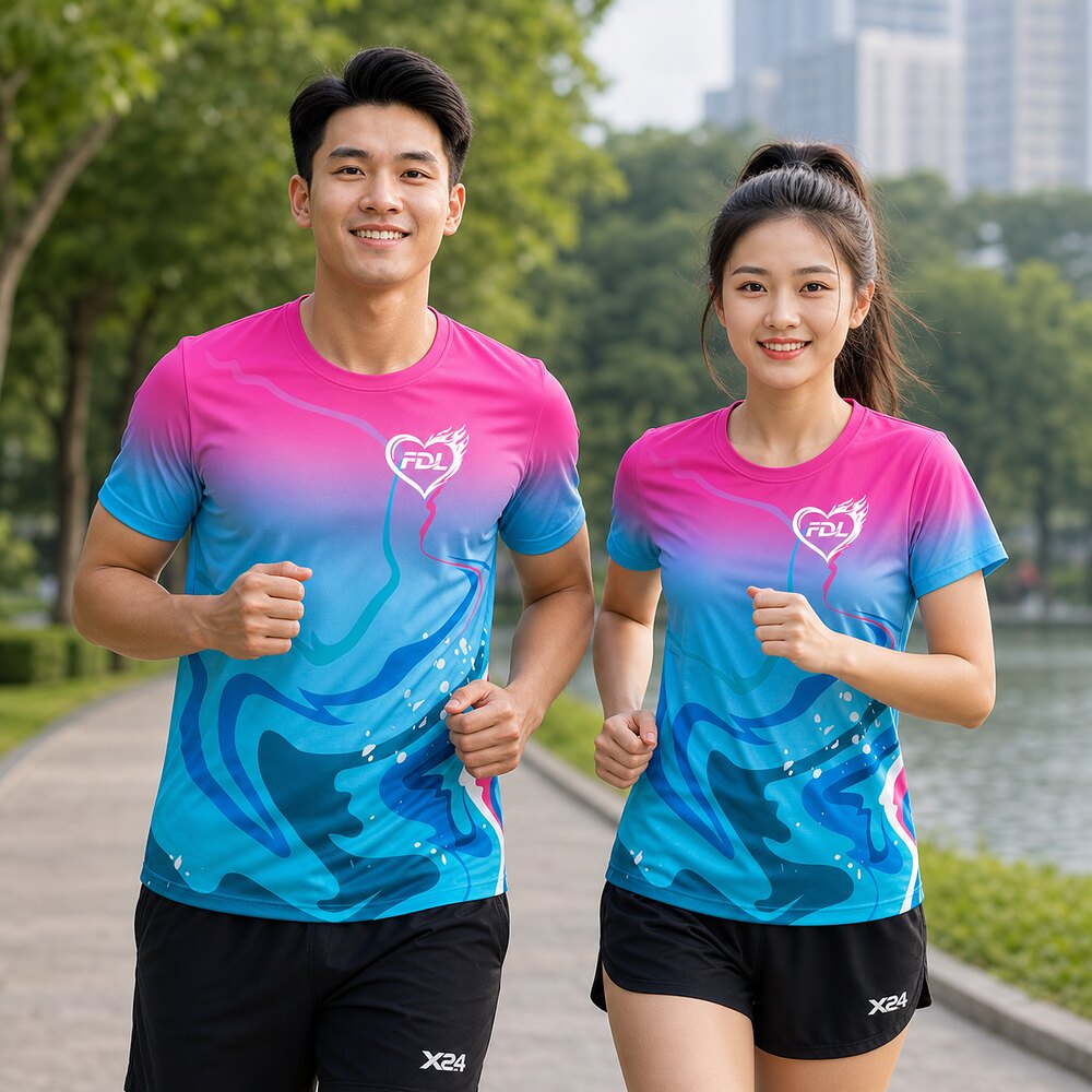 Áo chạy bộ Nipro màu hồng xanh FDL Sống Khỏe trên người mẫu