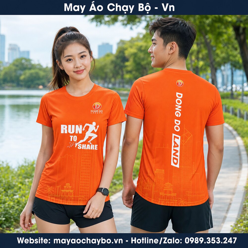 Áo chạy bộ màu cam Đông Đô Land người mẫu mặc thực tế