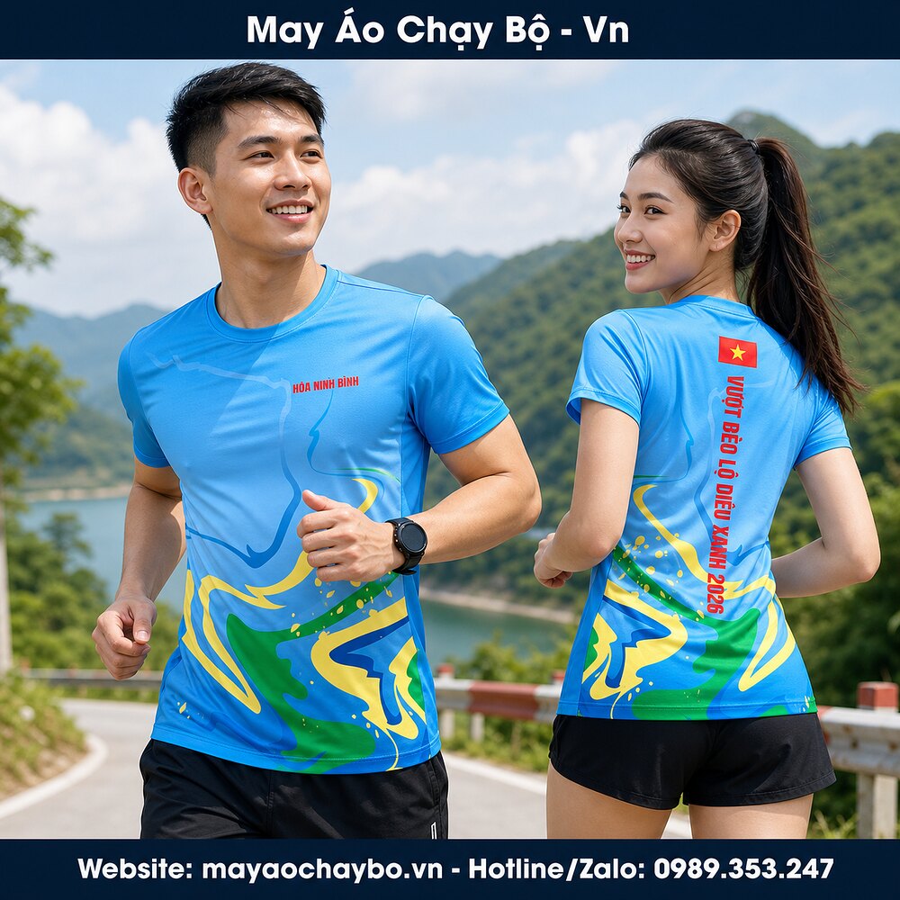 Áo chạy bộ xanh dương Vượt Đèo Lộ Diêu Xanh 2026 người mẫu mặc thực tế