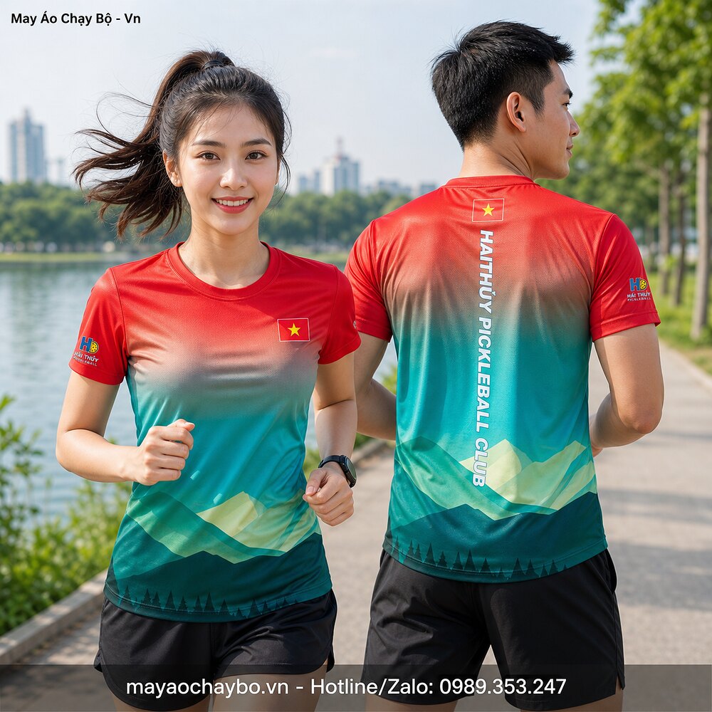 Áo chạy bộ Team HT Pickleball phối đỏ xanh người mẫu mặc thật