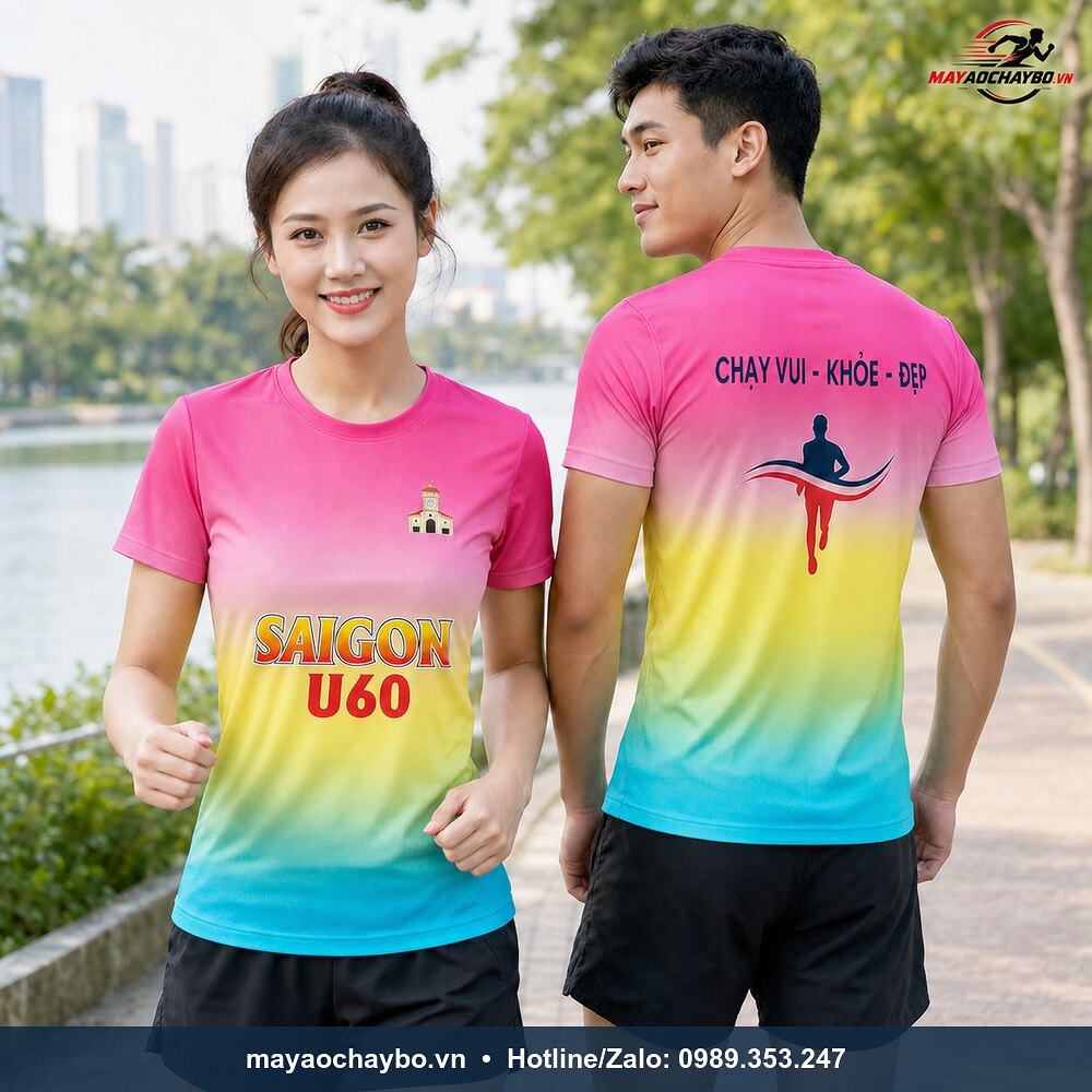 Áo chạy bộ Team SAIGON U60 gradient hồng vàng xanh trên người mẫu