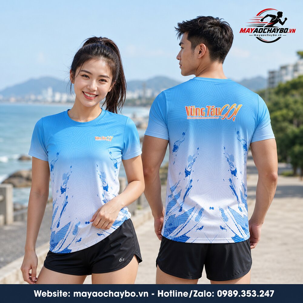 Áo chạy bộ Vũng Tàu G.O xanh trắng trên người mẫu nam nữ, hiển thị mặt trước và mặt sau