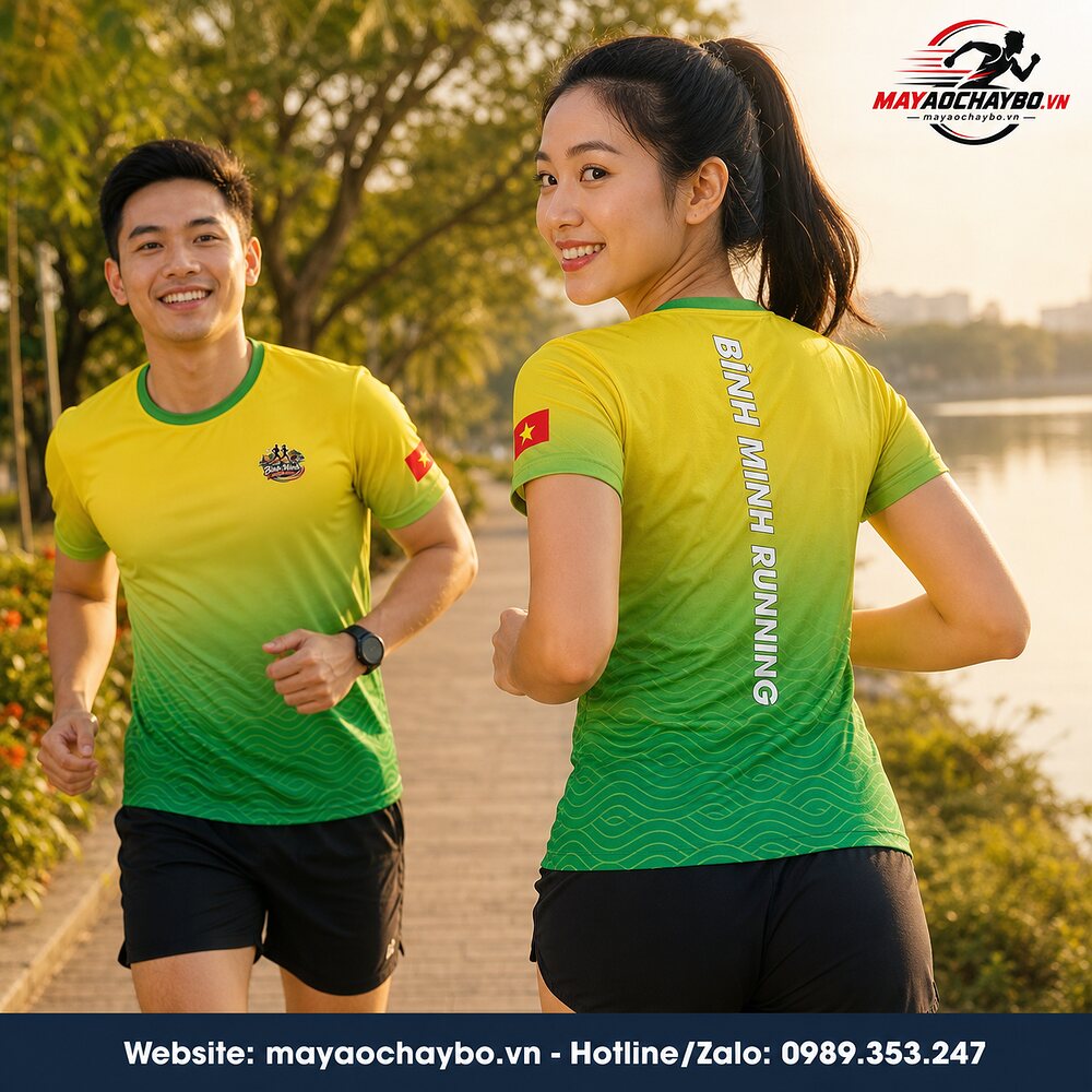 Áo chạy bộ Bình Minh Running vàng xanh trên người mẫu nam nữ