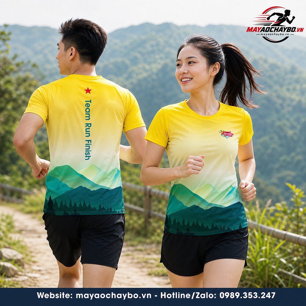 Áo chạy bộ Team Run Finish vàng họa tiết núi rừng trên người mẫu nam nữ