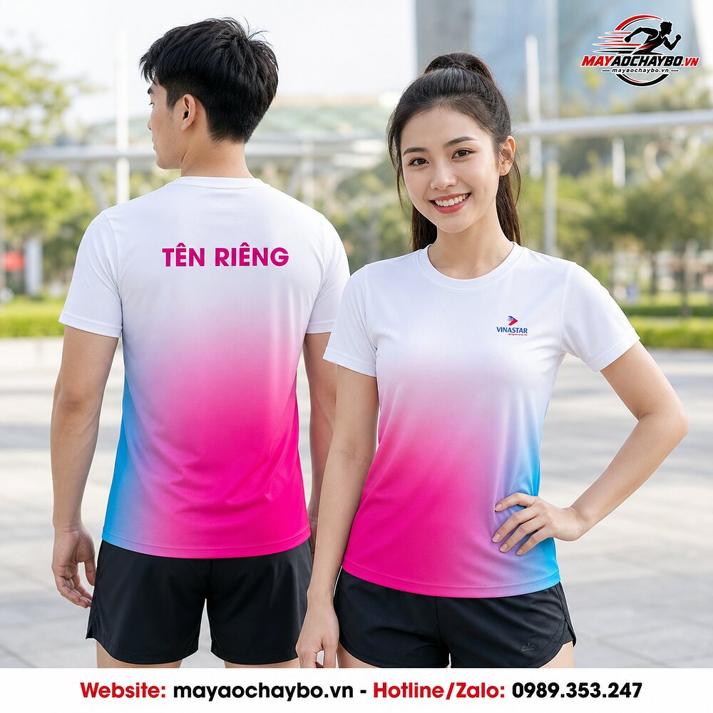 Áo chạy bộ VINASTAR gradient trắng hồng trên người mẫu nam nữ