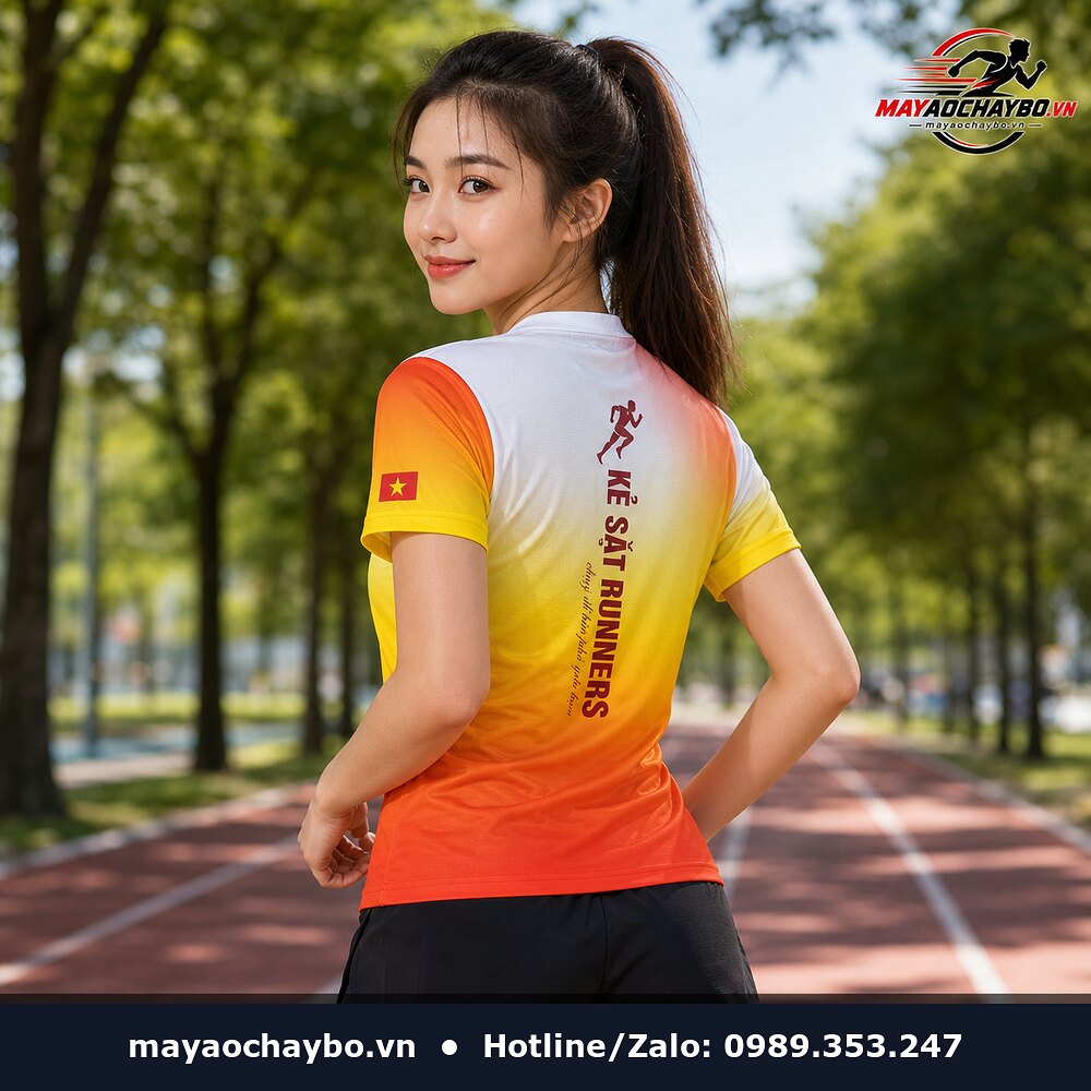 Người mẫu mặc áo chạy bộ Kẻ Sắt Runners màu cam