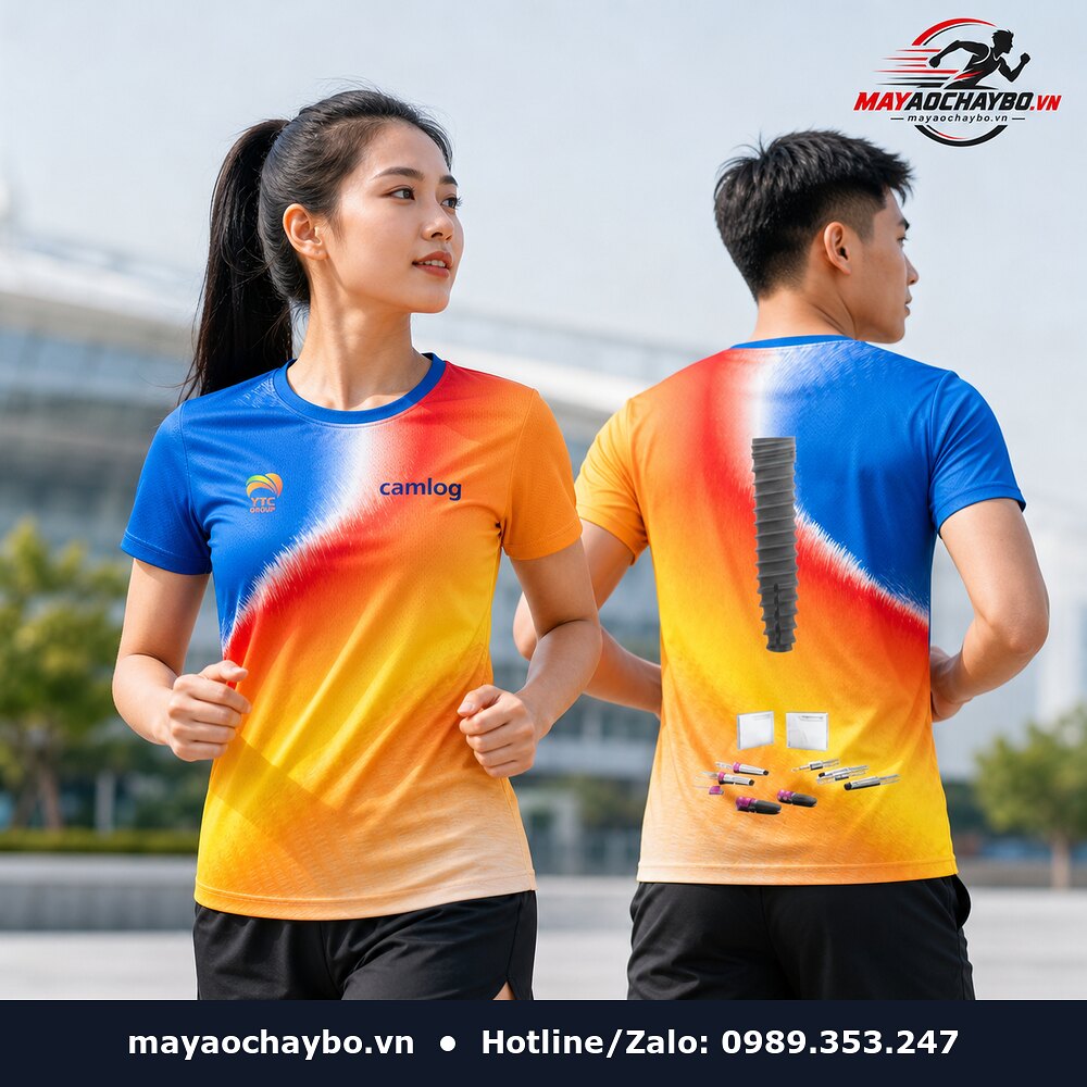 Người mẫu mặc áo chạy bộ Camlog cam xanh vàng