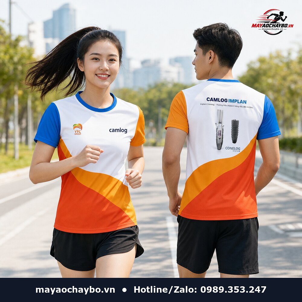 Người mẫu mặc áo chạy bộ Camlog Implant cam xanh