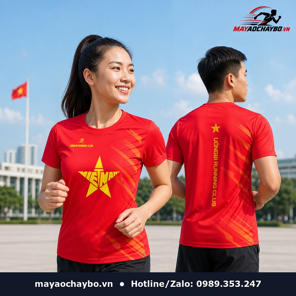 Người mẫu mặc áo chạy bộ Uông Bí Running Club màu đỏ