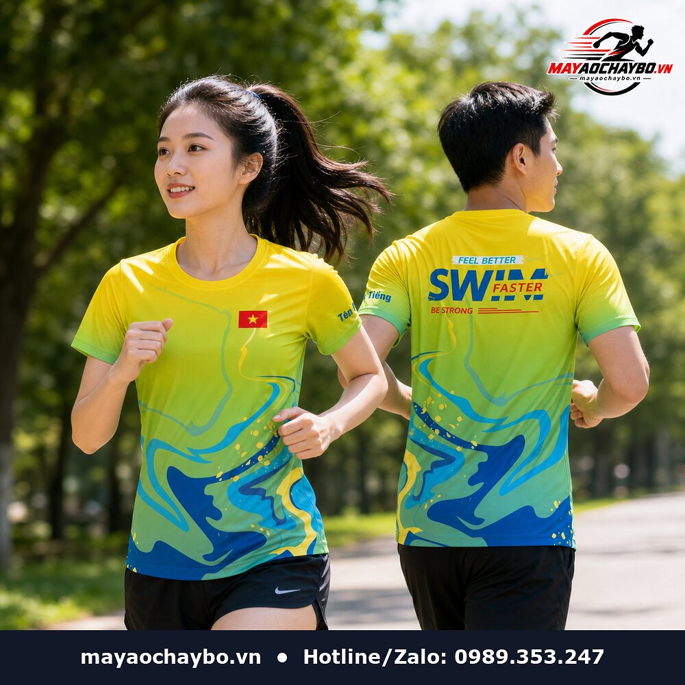 Người mẫu mặc áo chạy bộ Swim Faster vàng xanh lá