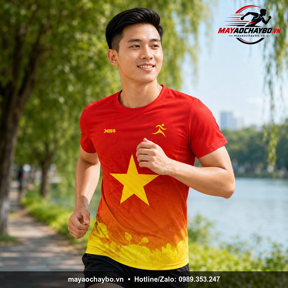 Ảnh người mẫu mặc Áo chạy bộ Việt Nam màu đỏ – Tự hào dân tộc từng bước chân