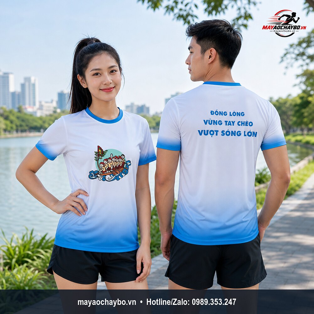 Nam nữ mặc áo chạy bộ trắng xanh họa tiết đội thuyền, hiển thị mặt trước và mặt sau